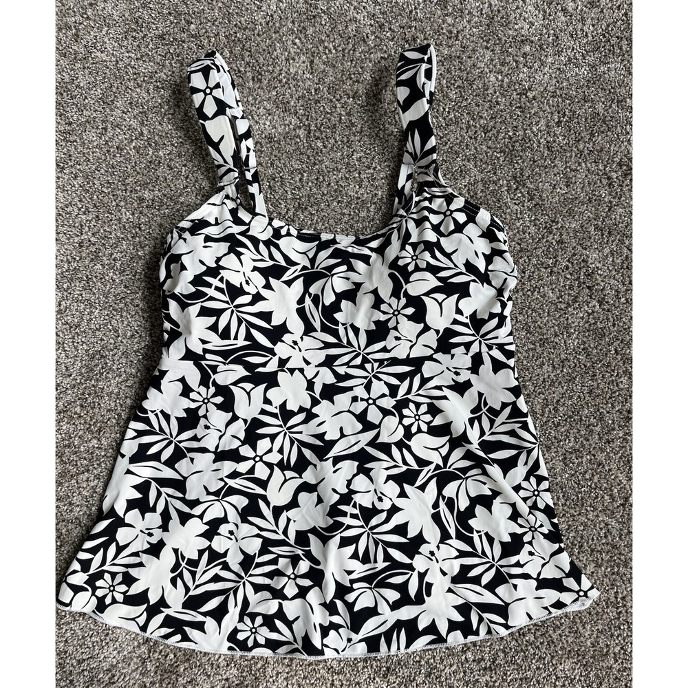 Lands End Swim Tankini Top Size Small Tank Black White Floral Underwire 6-8